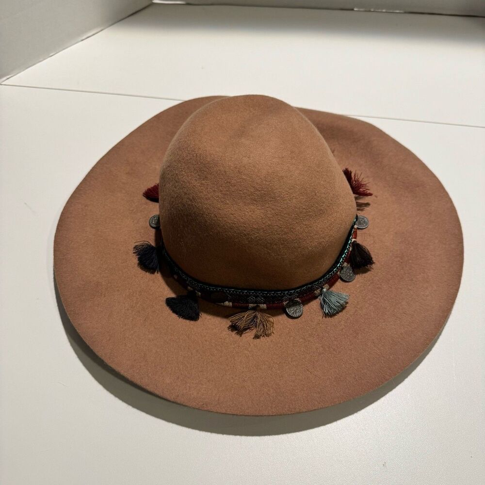 Boho Felt Fedora Hat Wide Brim Tan Tassels and Coin Trim Detail Bob Timberlake